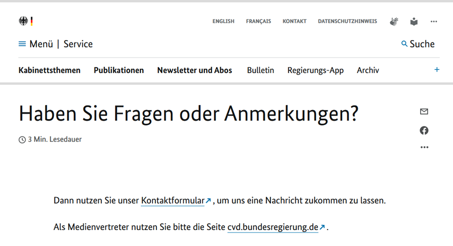Kontaktaufnahme mit der Bundesregierung über ihre offizielle Webseite