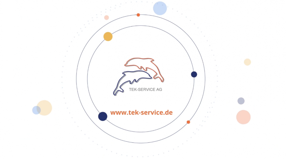 TEK Service Logo mit zwei Delfinen in zwei Kreisen und Punkten